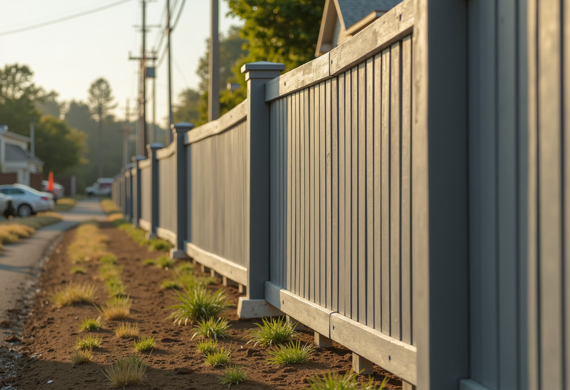 Three fence posts reset in concrete after spring storms